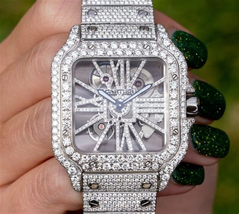 cartier santos skeleton iced out replica|cartier santos skeleton price.